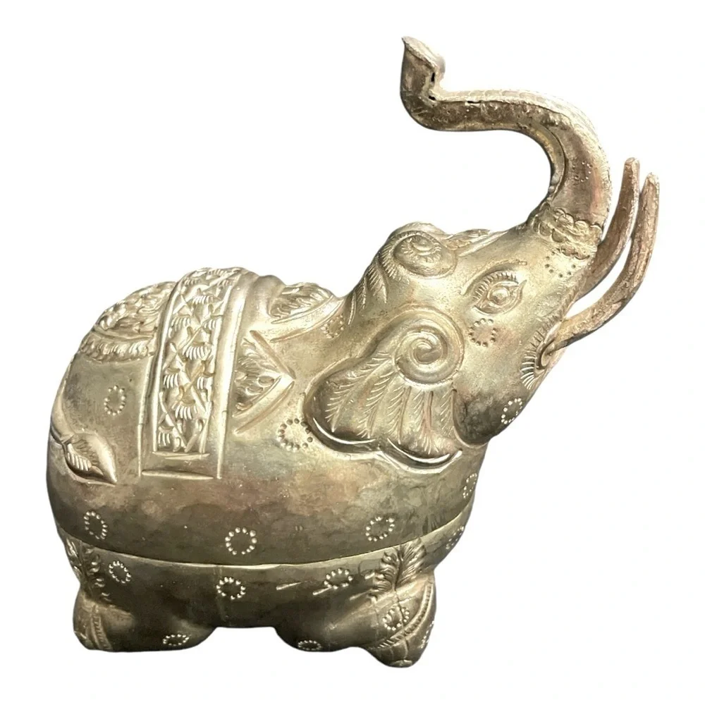 VTG Southeast Asian Thai Burmese Silverplated Brass Elephant Betel Box C.1900s